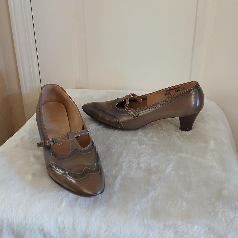 Retro VTG Brown Leather T-strap Mary Jane Chunky Block Kitten Heel Wingtip 8.5